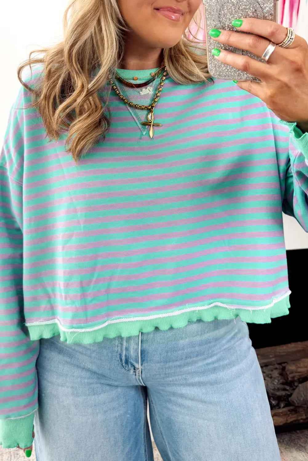 Red Stripe Exposed Seam Contrast Ribbed Trim Oversize Sweatshirt Green Stripe 95%Cotton+5%Elastane da3e486f1cff46ad