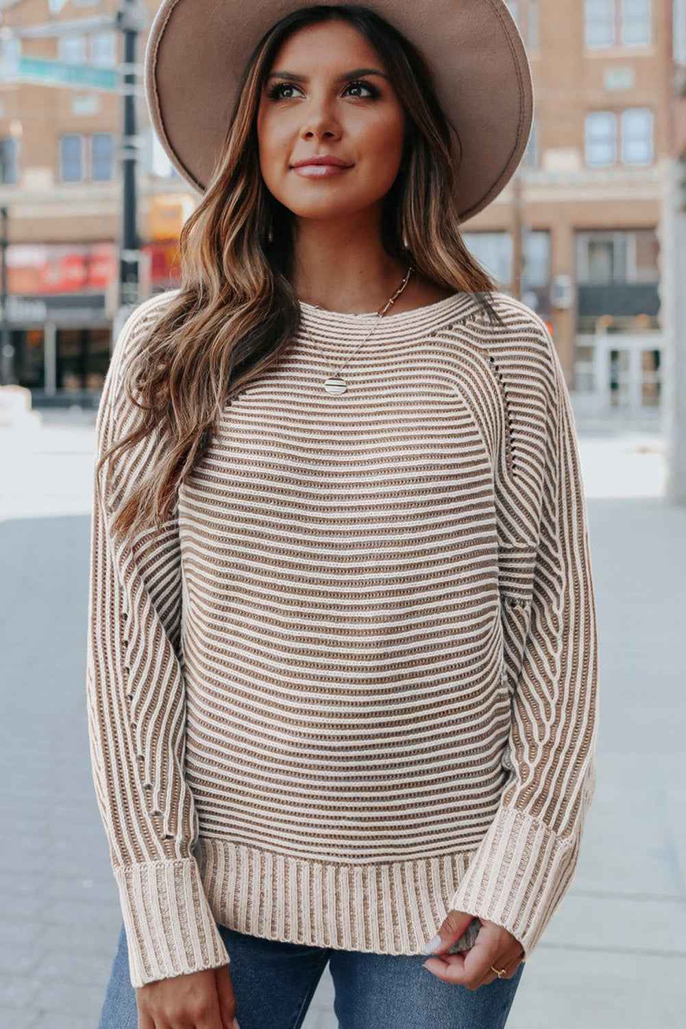 Light French Beige Striped Print Ribbed Knit Raglan Sleeve Baggy Sweater da49e5d985e17d41