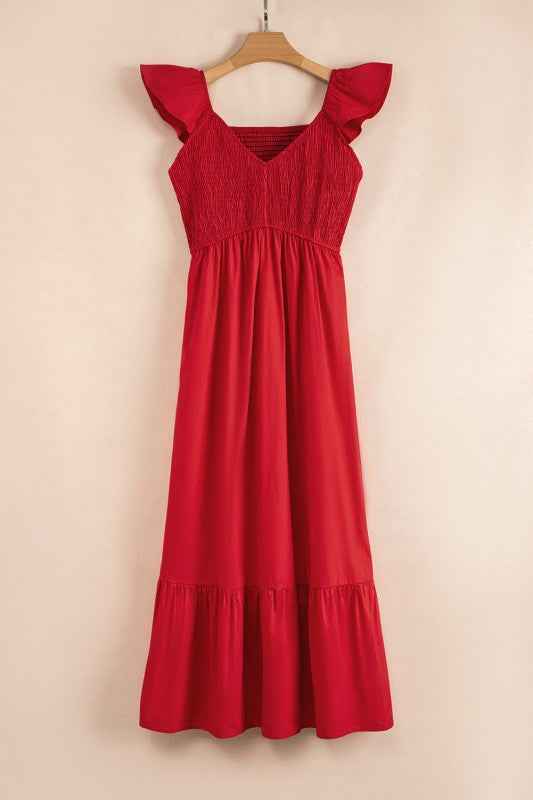 Solid V-Neck Flutter Sleeve Ruffle Maxi Dress da4ed9e5-280b-41c2-8f92-e2bee17bb4c9