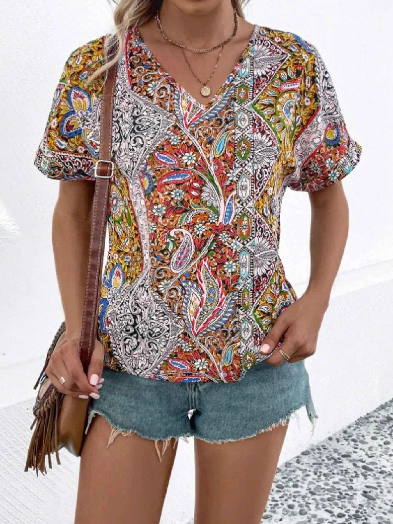 Bohemian Paisley Print V-Neck Short Sleeve T-Shirt Orange da4f5eb5-adbf-4e53-bb77-992db3100e7b-Max-Origin
