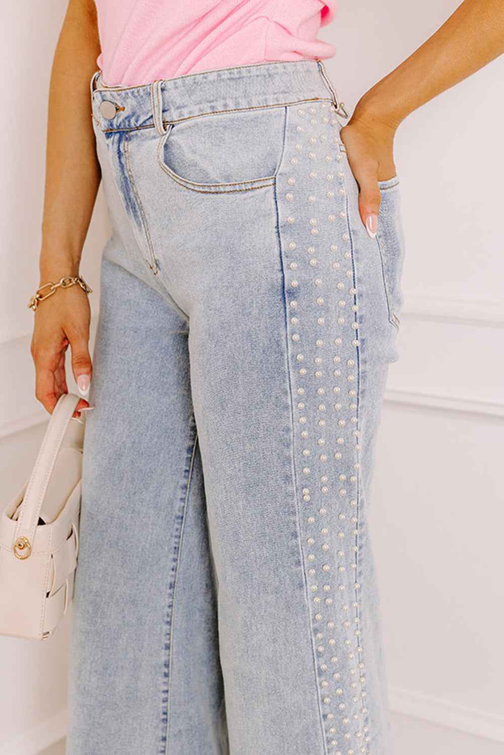 Beau Blue Mid Rise Pearl Embellished Split Wide Leg Jeans da4f759461d4872f
