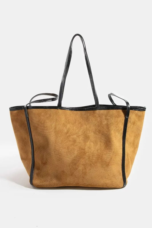 Fame Suede Tote Faux Leather Trim Shoulder Strap LBR one size da60b5f7bd574a95b4bc5c8980345e18-Max-Origin