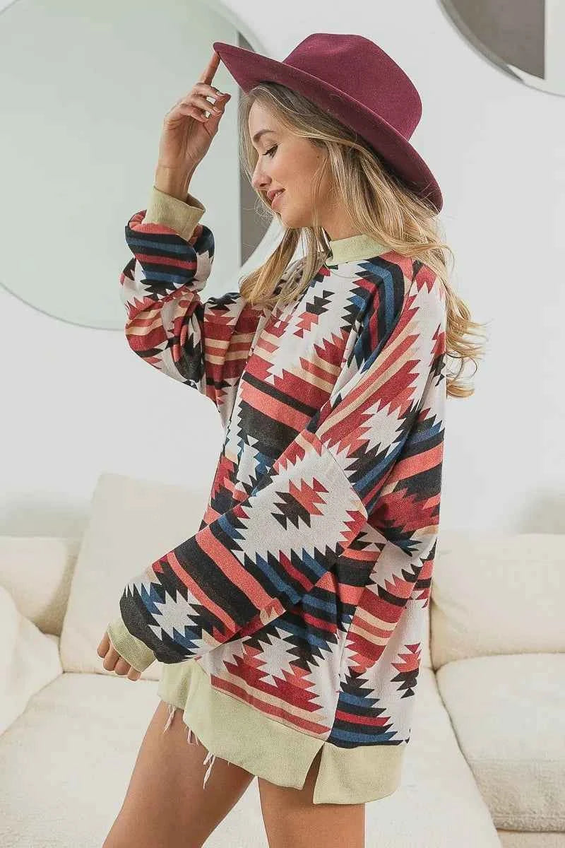 BiBi Aztec Print Mirr Mock Neck Lslv Top da654cf400454685b667655547f23b55-Max-Origin