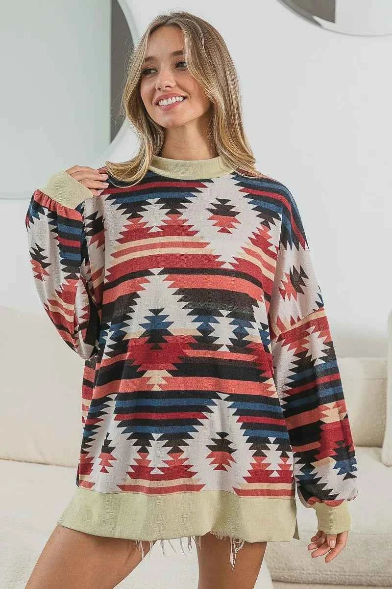 BiBi Aztec Print Mirr Mock Neck Lslv Top da65897656bb4a498d1f391355ed5ba2-Max-Origin
