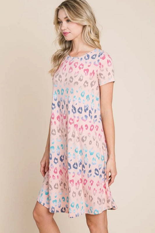 Leopard Print Round Neck Short Sleeve Dress - Opaque Stretch da661a98-b27f-459b-8dc7-98b67239ef85-Max