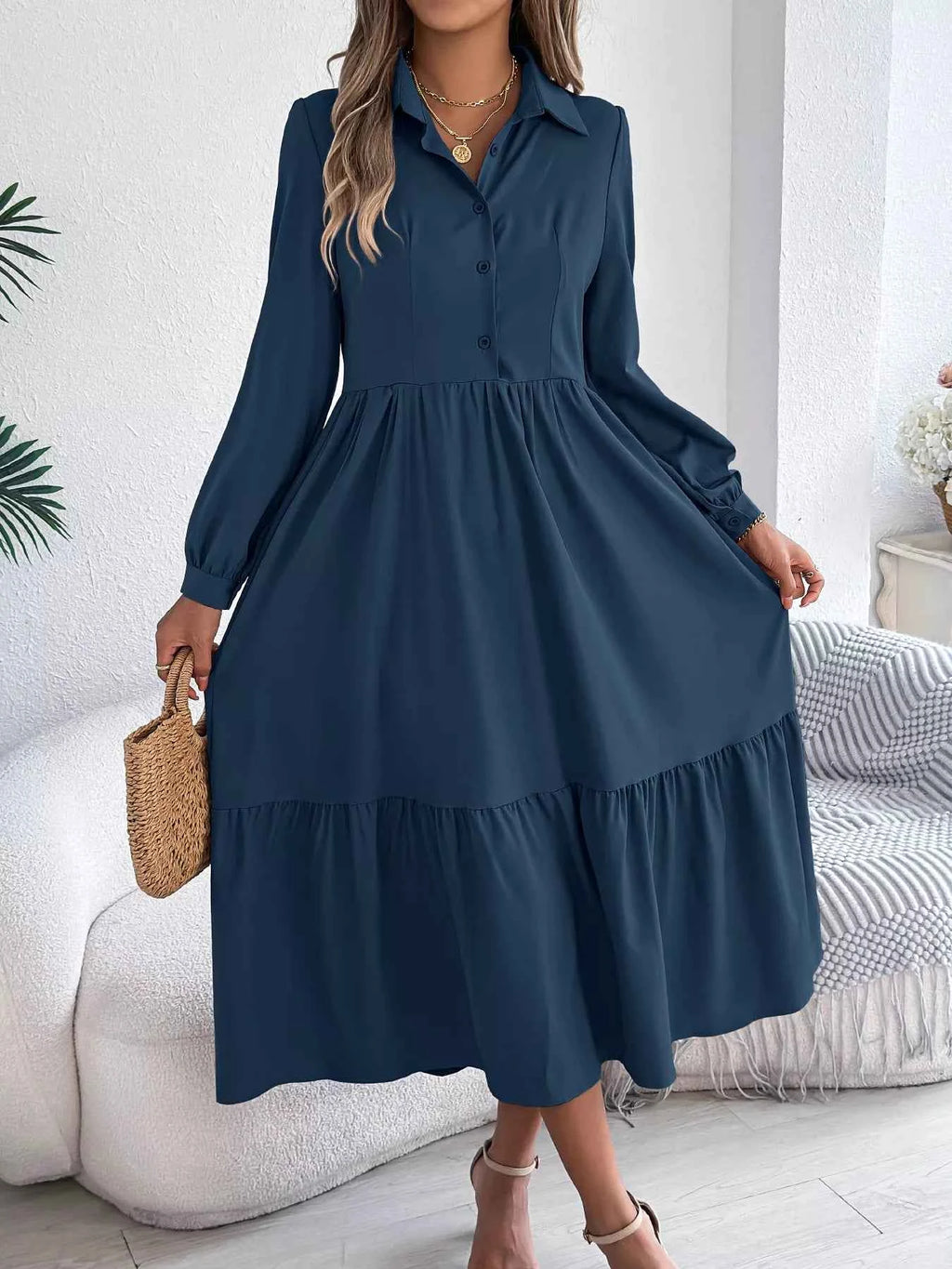 Long Sleeve Tiered Button Front Midi Dress da6655e969484baab0ac4f888f90371b-Max-Origin