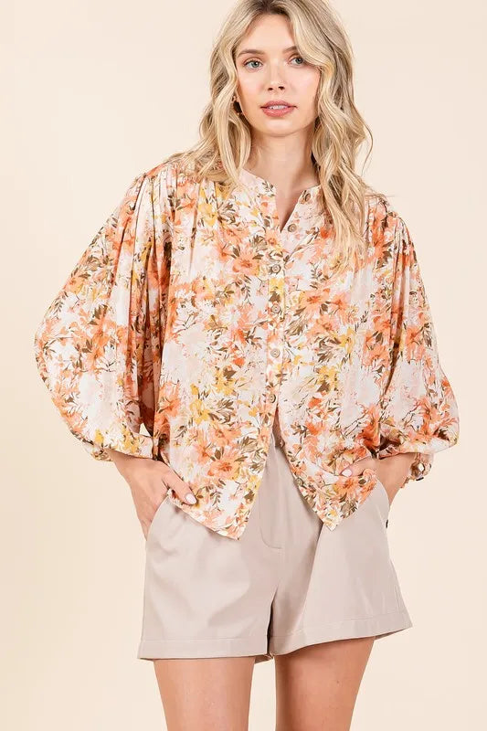 Mittoshop Flower Print Batwing Sleeve Button Down Blouse da666f82-7a80-4161-9839-492cd67bab12-Max