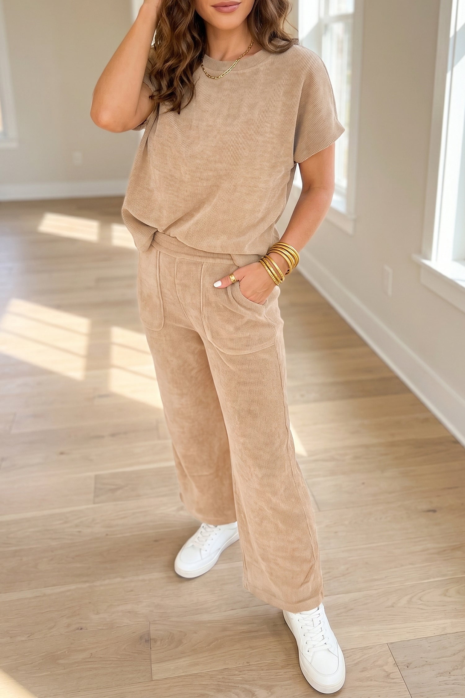 Light French Beige Solid Color Short Sleeve Ribbed Top Casual Pants 2pcs Set Light French Beige 39.5%Polyester+31%Polyamide+27.5%Viscose+2%Elastane da66c1ef852bb7cf