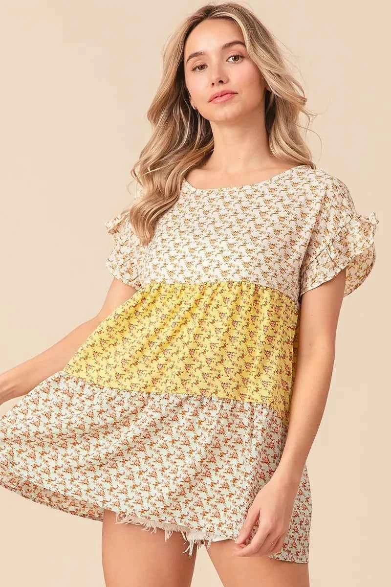 Flroal Printed Woven Color Block and Tiered Top da6840236e524e5f808a5d867c346758-Max-Origin