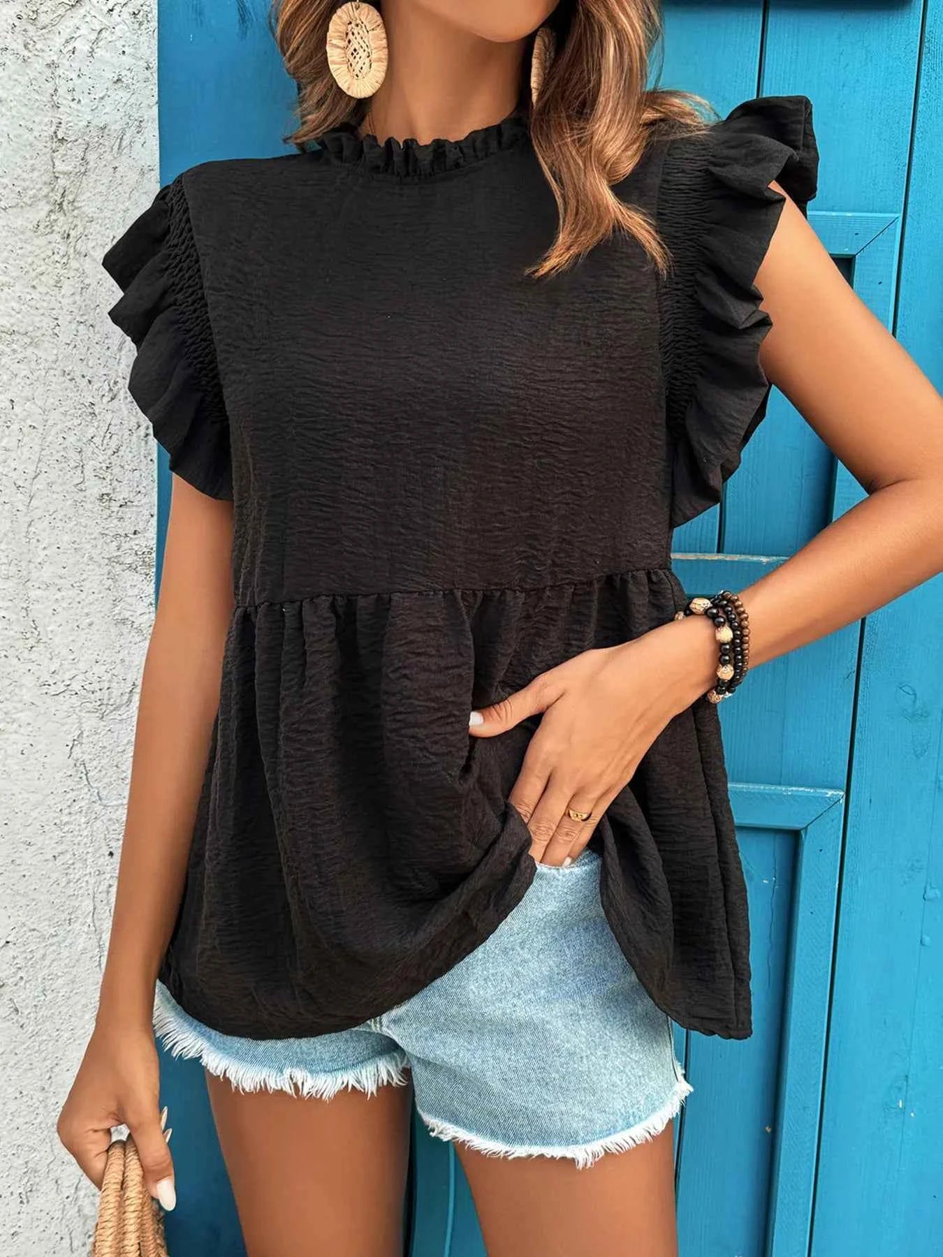 Ruffled Cap Sleeve Blouse da6d94cc6d124417961624b6ee477d6a-Max-Origin