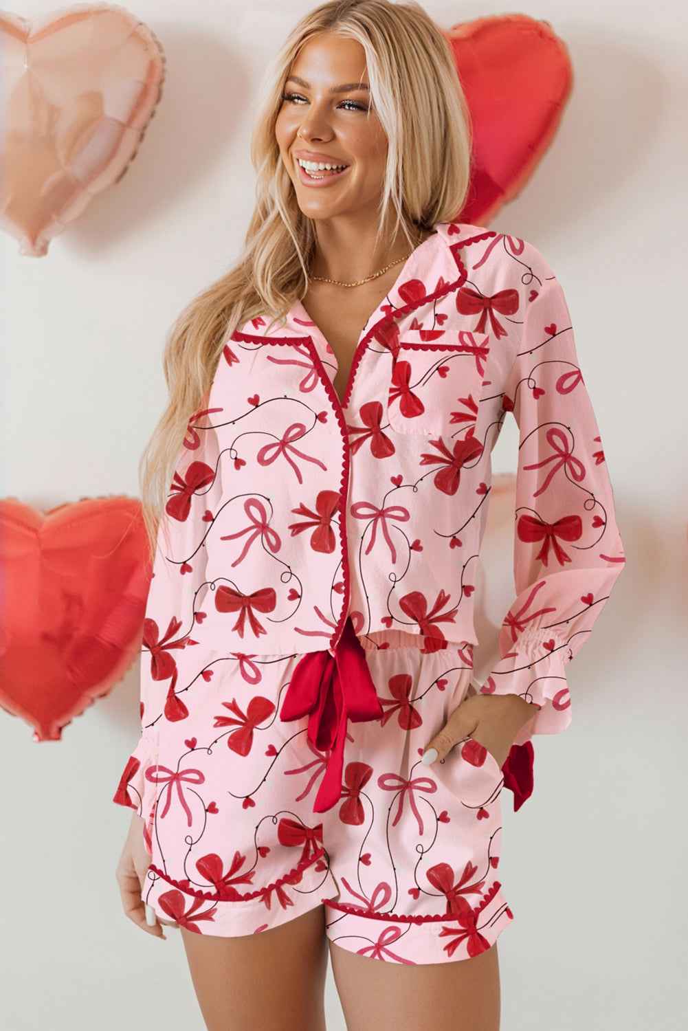 Red Bow Colorblock Long Sleeve Knot Pajama Set da7d0f04f75d7129