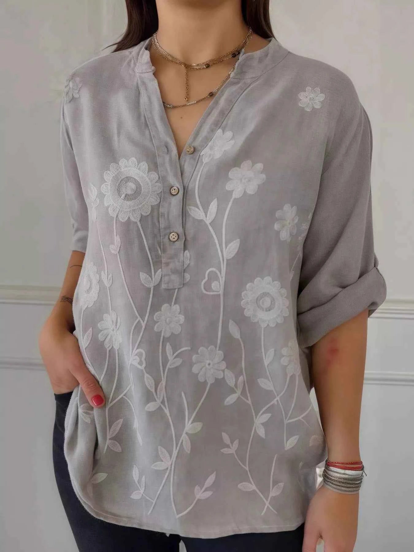 Full Size Floral Embroidered Button Detail Blouse Plus Size Grey da7d78ec-eaea-415c-98d4-983a0ddcaef5-Max-Origin