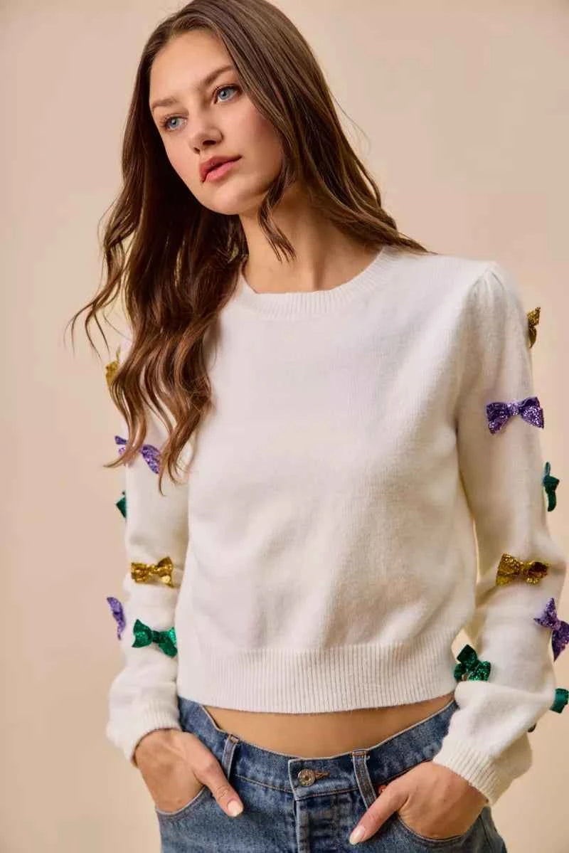 SO ME Mardi Gras Glitter Bow Ribbon Sweater Knit Top da7f7a0849434a87b5dc1f1bb9eb7e15-Max-Origin