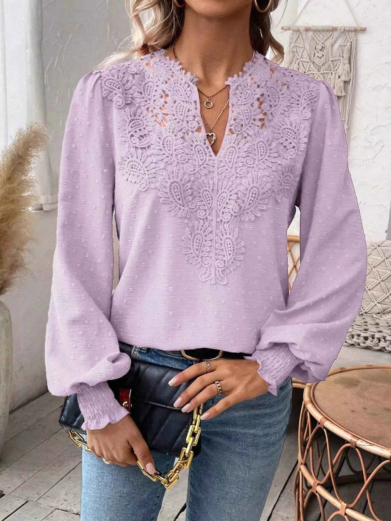 Swiss Dot Lace Detail Long Sleeve Blouse da831673-f1bf-4f87-8eb2-9ea873d78fb0-Max-Origin