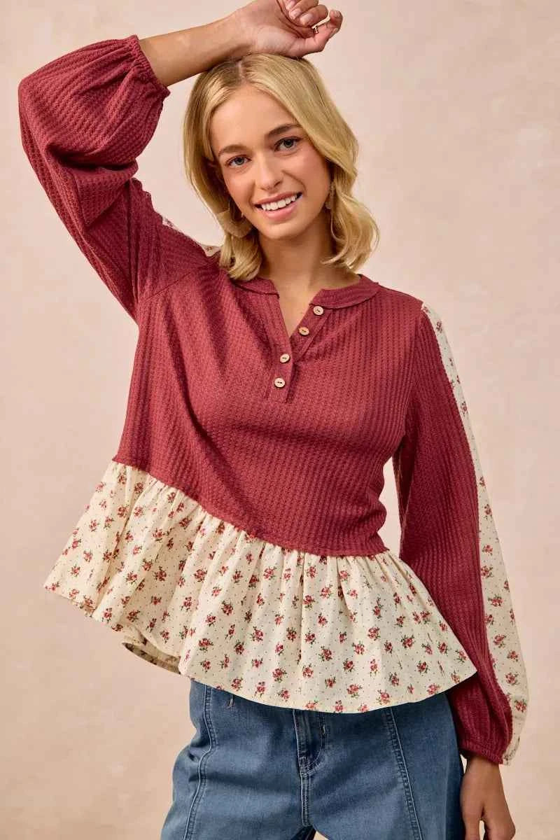 BiBi Waffle with Floral Woven Combo Top da871b66665f4f64819be40ae9a1df8b-Max-Origin