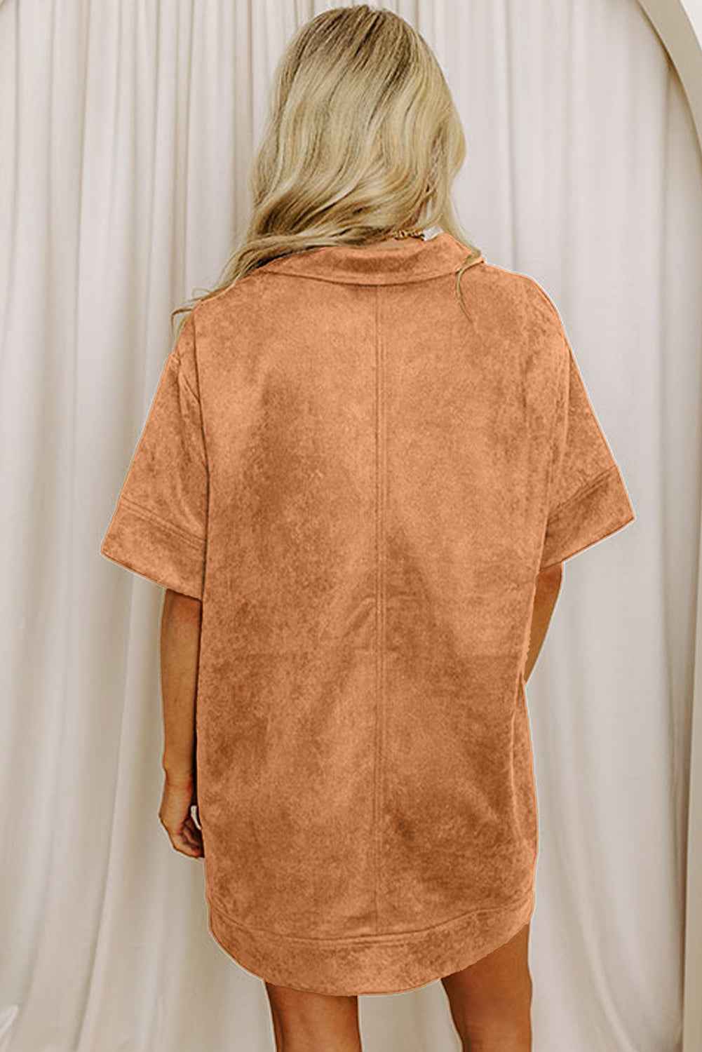 Thai Curry Collared V Neck Faux Suede Short Sleeve Shift Mini Dress da916affbc5cb701