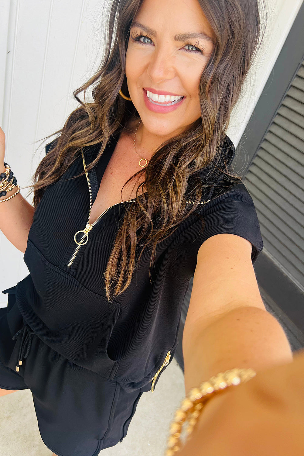 Black Half Zip Kangaroo Pocket Top Drawstring Shorts Set da918bf99eb83136