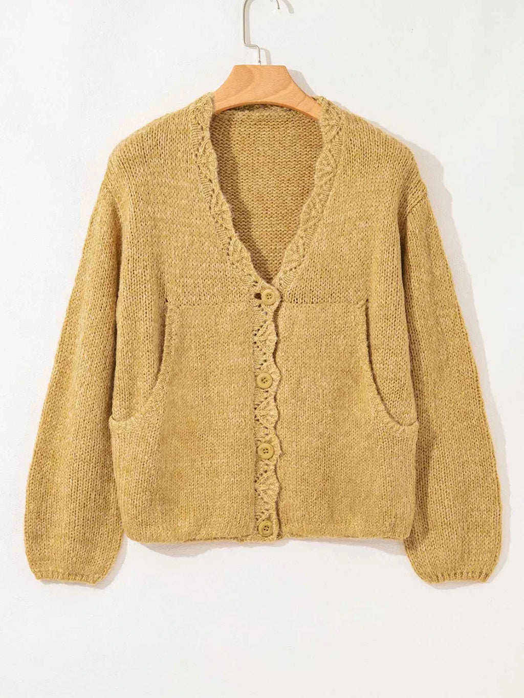 Lantern Sleeve Scallop V Neck Buttoned Front Cardigan da940862b9ed4fd19d3367e26a16a479-Max-Origin