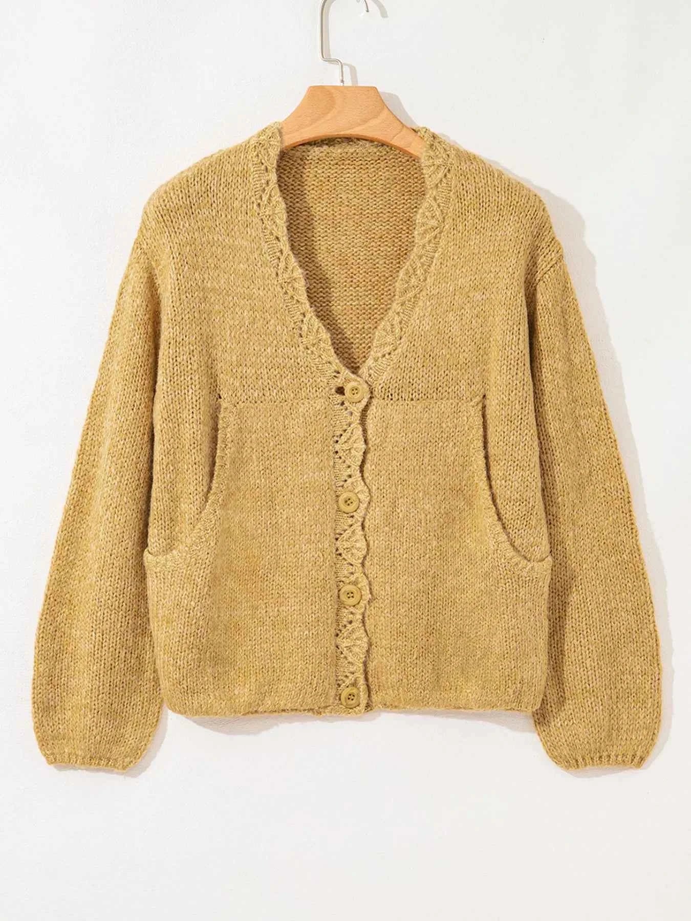 Lantern Sleeve Scallop V Neck Buttoned Front Cardigan da940862b9ed4fd19d3367e26a16a479-Max-Origin