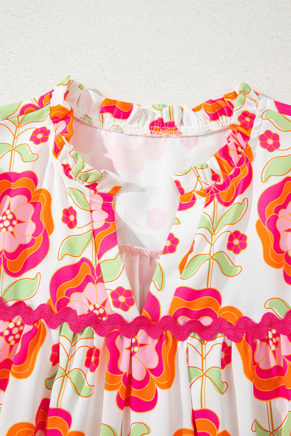 Rose Floral V Neck Ricrac Trim Ruffle Long Sleeve Blouse da9645c6e45779f2