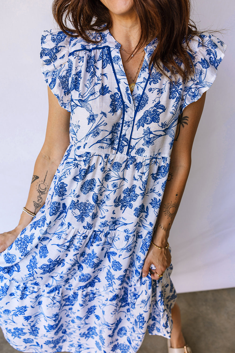 Blue Ruffled Short Sleeve Tiered Floral Midi Dress daa49825a6b6ea04