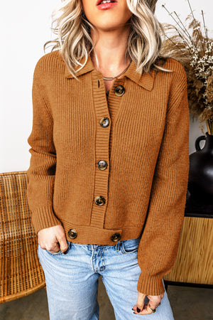 Mustard Ribbed Knit Collar Button Front Long Sleeve Cardigan Mustard 65%Acrylic+35%Polyamide daa510bfce1eeca9