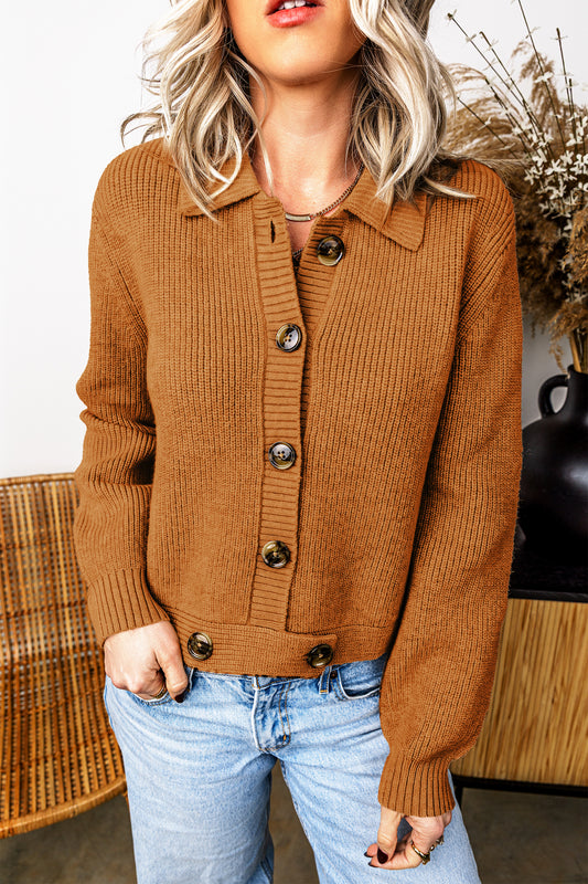 Mustard Ribbed Knit Collar Button Front Long Sleeve Cardigan Mustard 65%Acrylic+35%Polyamide daa510bfce1eeca9