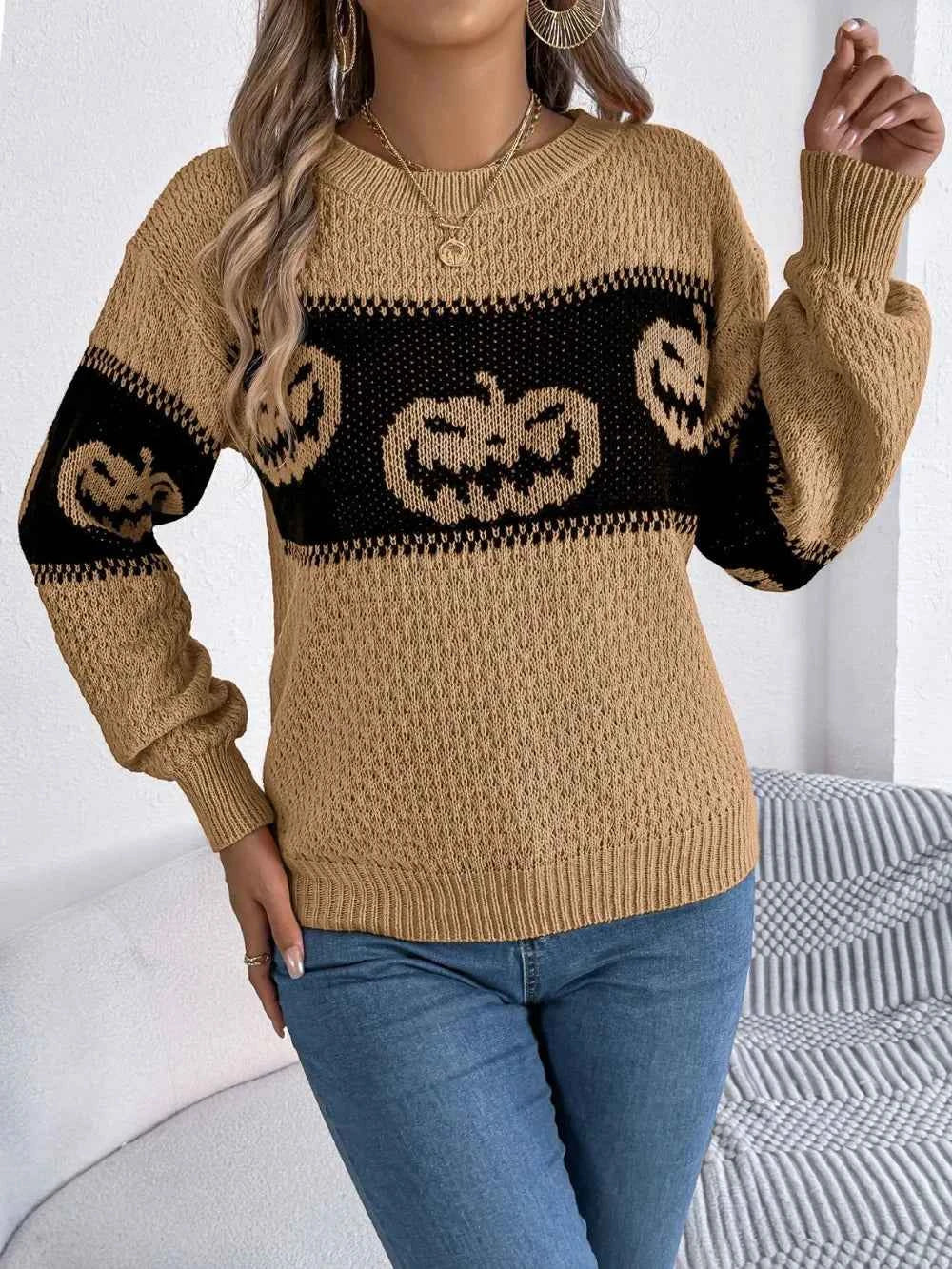 Pumpkin Round Neck Long Sleeve Sweater daa98b67-99e9-44d8-badc-fb7bc375b9ef-Max