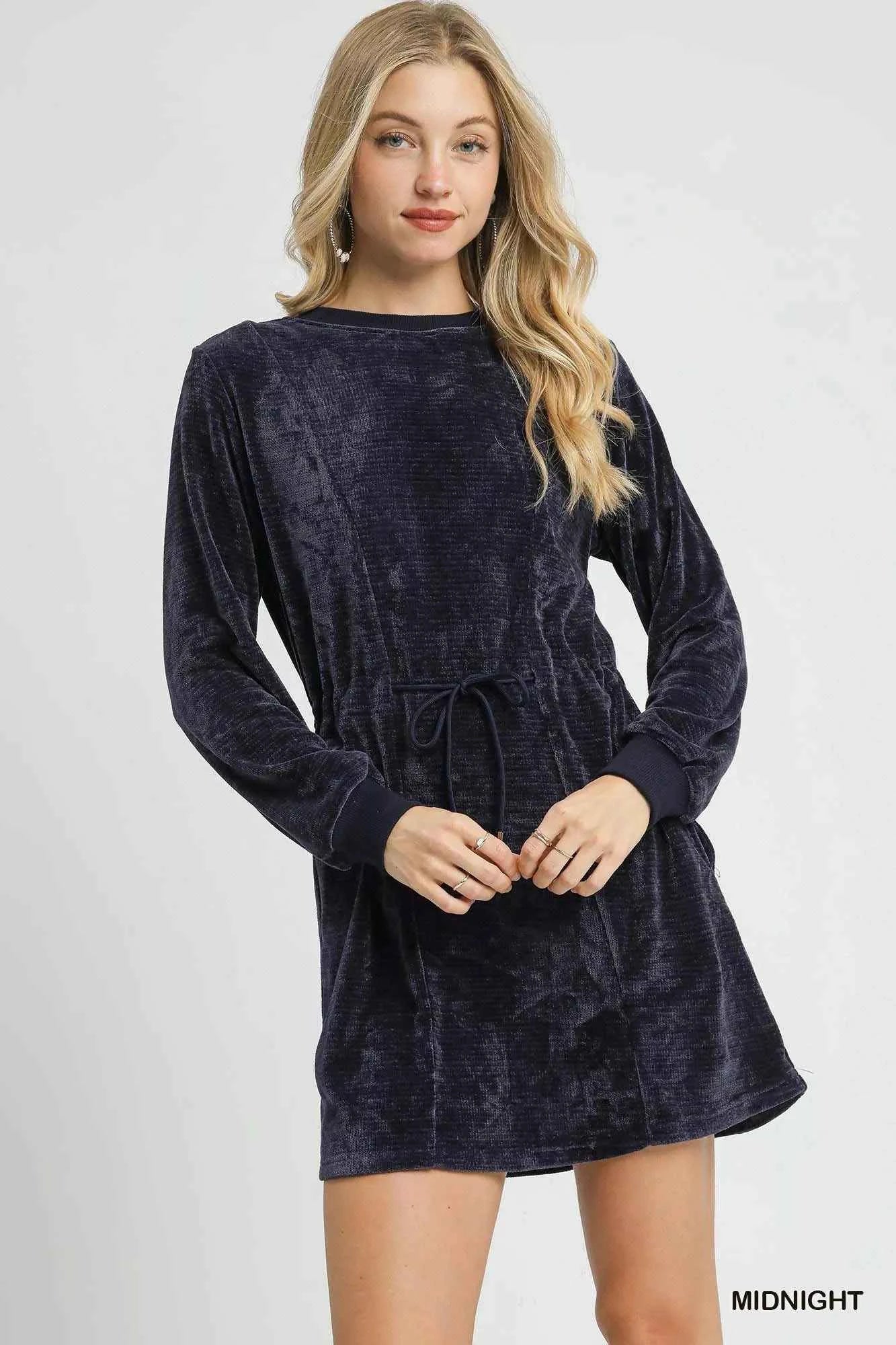 Velour Drawstring Mini Dress with Long Sleeves MIDNIGHT dab09408-4aa3-4a24-b8f3-238f45c7dc66-Max-Origin
