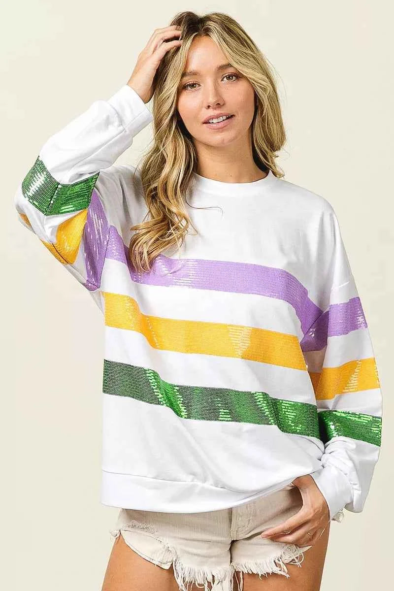 BiBi Sequin Mardi Gras Striped Round Neck Sweatshirt dab979d8f310401ba01d702fa476ad0c-Max-Origin