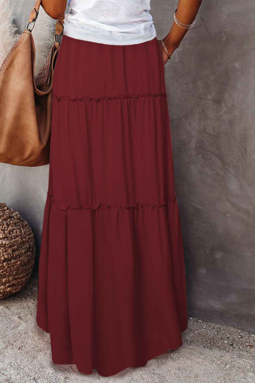 Fiery Red Black Frill Tiered Drawstring Waist Maxi Skirt daba5f832ec1ec95