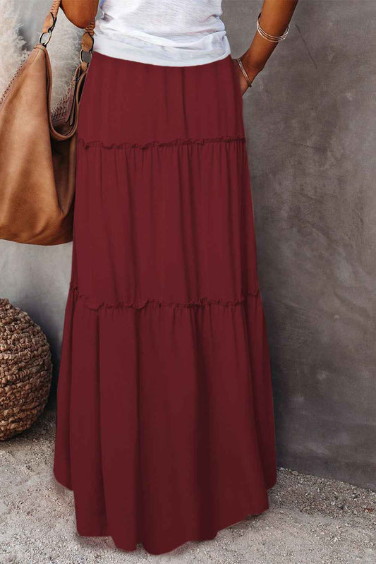 Fiery Red Black Frill Tiered Drawstring Waist Maxi Skirt daba5f832ec1ec95