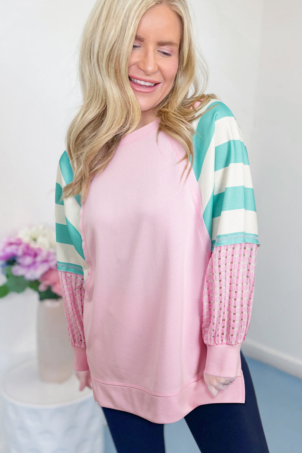 Bonbon Striped Colorblock Patchwork Raglan Sleeve Top dabfaadb04ea7a49