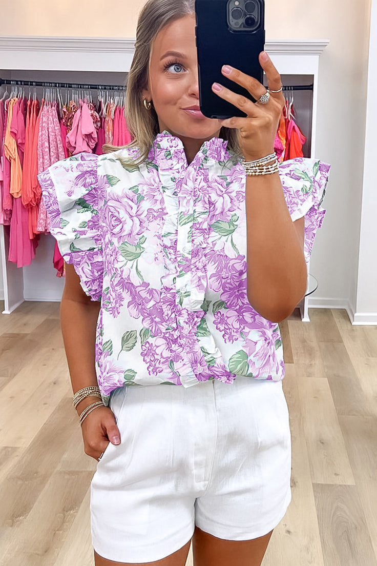 Sky Blue Floral Print Ruffle Sleeve Frill Shirt dac177943cf5b9ee