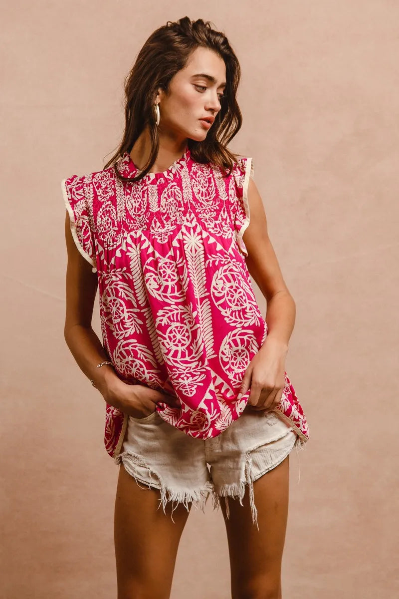 Printed Ruffle Sleeve Top dac1c073cf5d47b392065c7c64e4e5da-Max-Origin