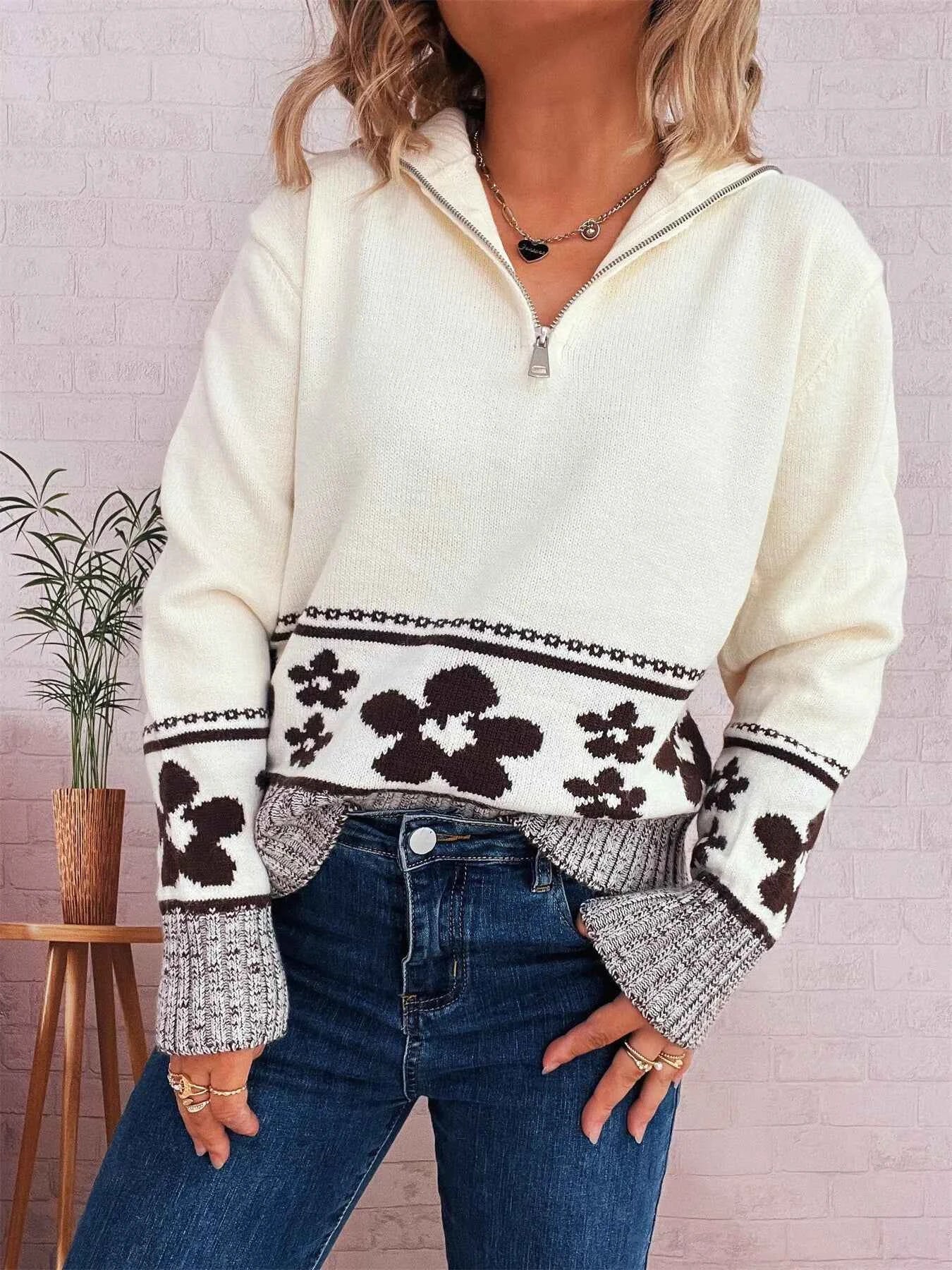 Flower Zip Collar Long Sleeve Sweater dac2dcabf27846aa9ac810551cd1532b-Max-Origin