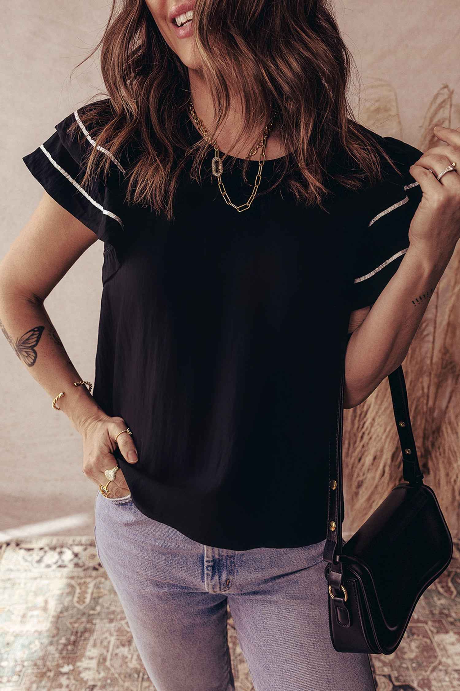 Black Contrast Trim Dual Ruffle Short Sleeve Textured Blouse dac4b6de0889c845