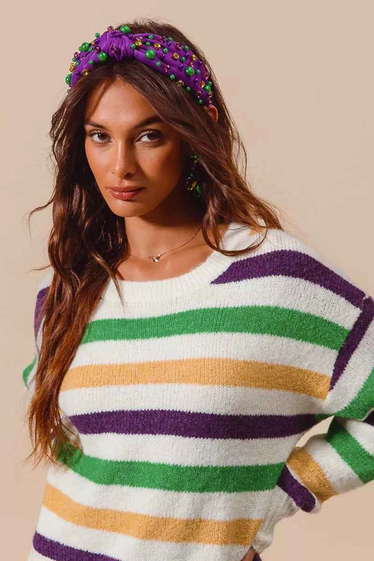 Mardi Gras Color Stripe Round Neck Sweater Top dac86d4691d340d6aa86451e8c765ab2-Max-Origin