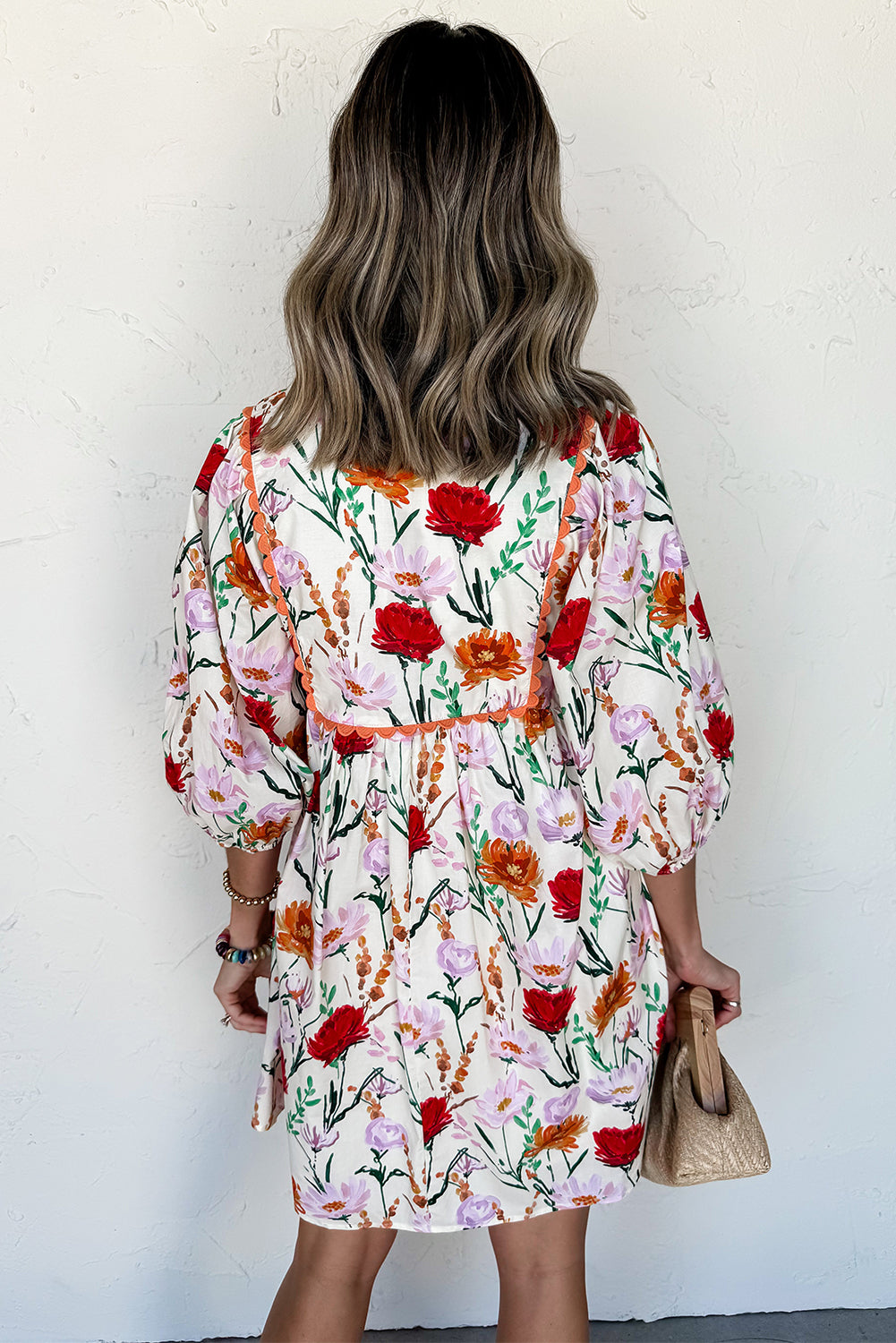 Beige Floral Print 3/4 Puff Sleeve Ricrac Trim Mini Dress dac897138b3e10c5
