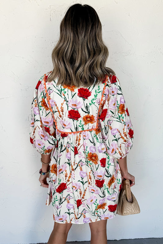 Beige Floral Print 3/4 Puff Sleeve Ricrac Trim Mini Dress dac897138b3e10c5