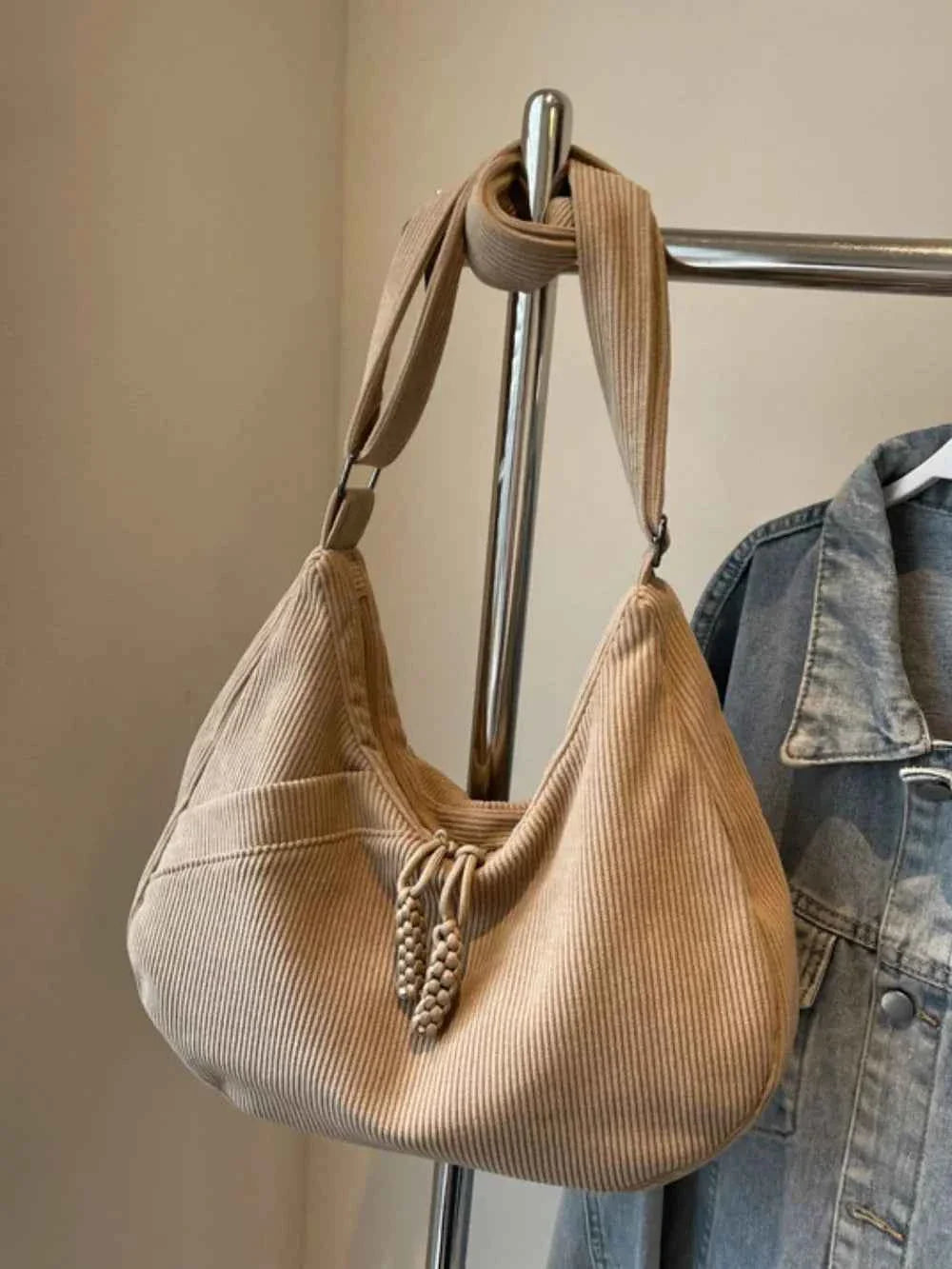 Ribbed Adjustable Strap Shoulder Bag Khaki One Size dace5ffc-8ab8-42c9-8f2c-c84afdc1f57e-Max