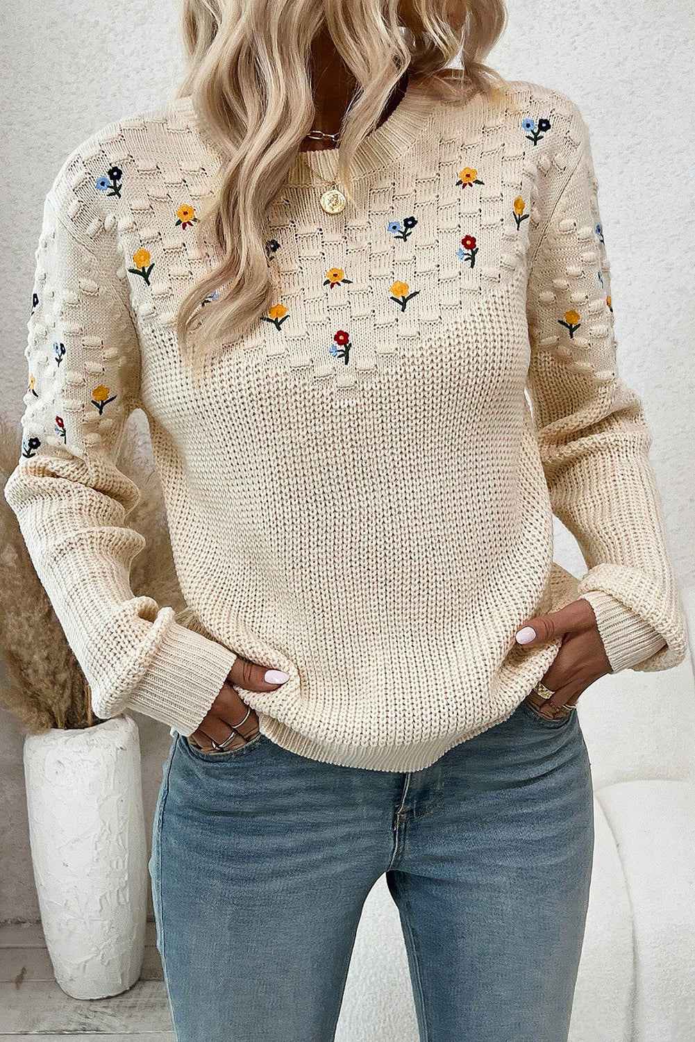 Jet Stream Mixed Texture Knit Flower Embroidered Detail Casual Sweater dadb1887396934bb