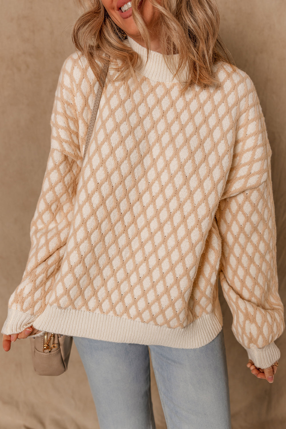 Smoke Gray Checkered Textured Knit Mock Neck Sweater dadff9a398be754f