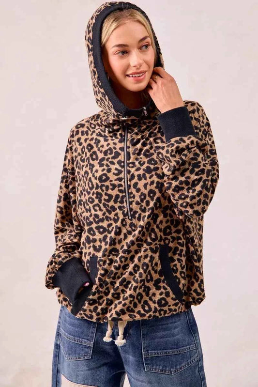 Leopard Print Waffle Half Zip Up Hoodie W Pocket dae036ea33d848f9ab072d5eb0e0c020-Max-Origin