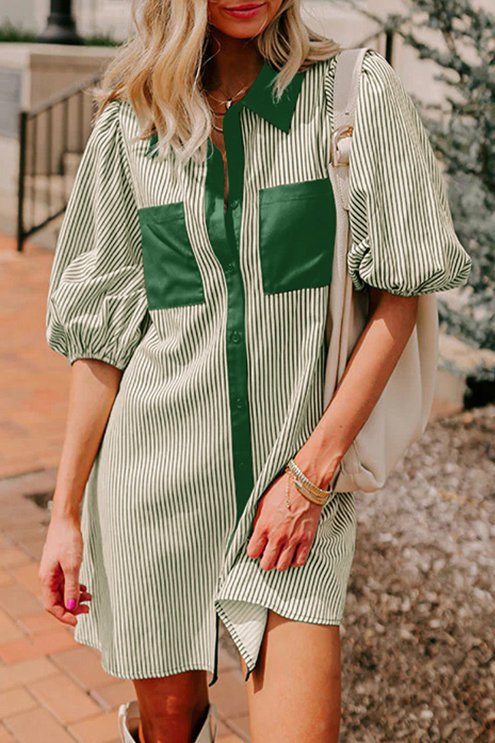 Green Stripe Color Block Patchwork Shirt Collar Button Down Puff Sleeve Mini Dress Green Stripe 50%Polyester+50%Cotton dae327fbde6591e0