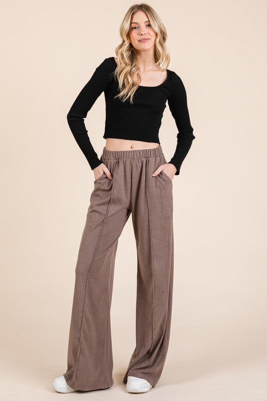 BOMBOM Elastic Waist Wide Leg Pants with Pockets