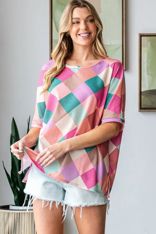 Full Size Multi Colored Argyle Side Slit T-Shirt dae9899b-ca68-4b8e-ac1e-9817e861f1c1-Max