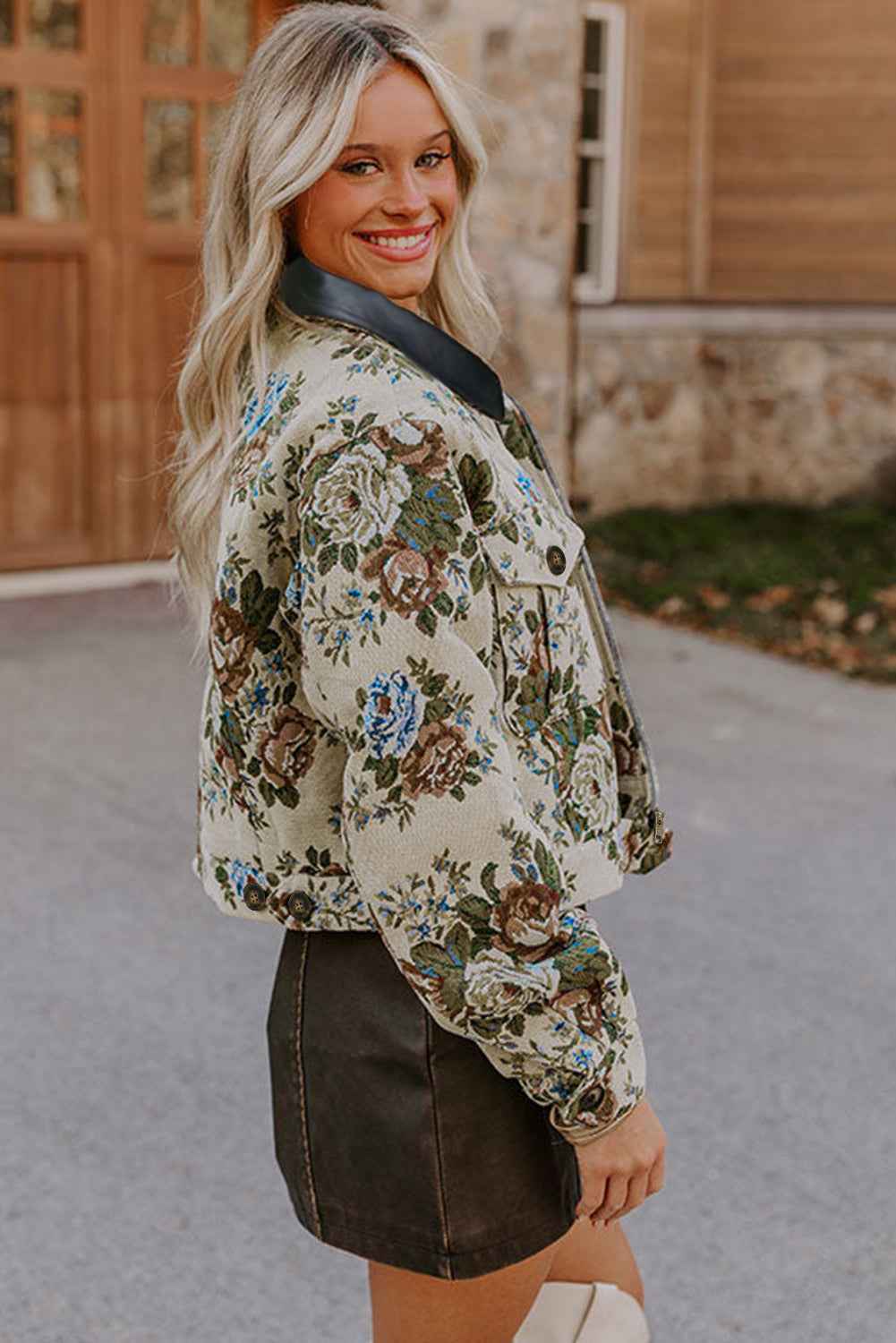 Khaki Floral Print Zip Up Contrast Collared Jacket daec9beee9c19e25