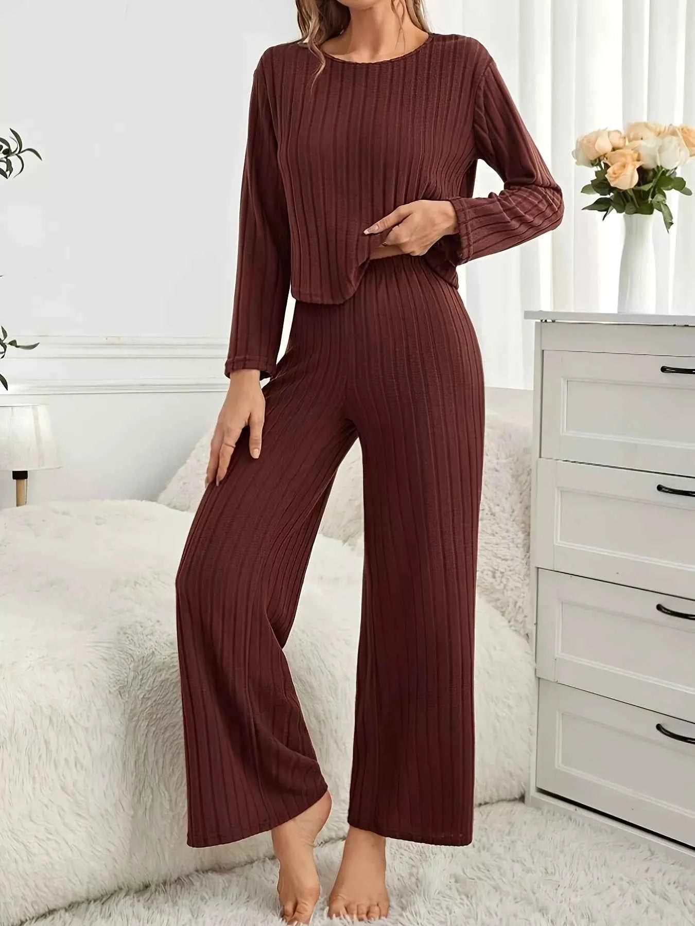 Ribbed Round Neck Long Sleeve Top and Pants Lounge Set Brown daef5132bd5b4c28aedfebed3a9390d3-Max-Origin