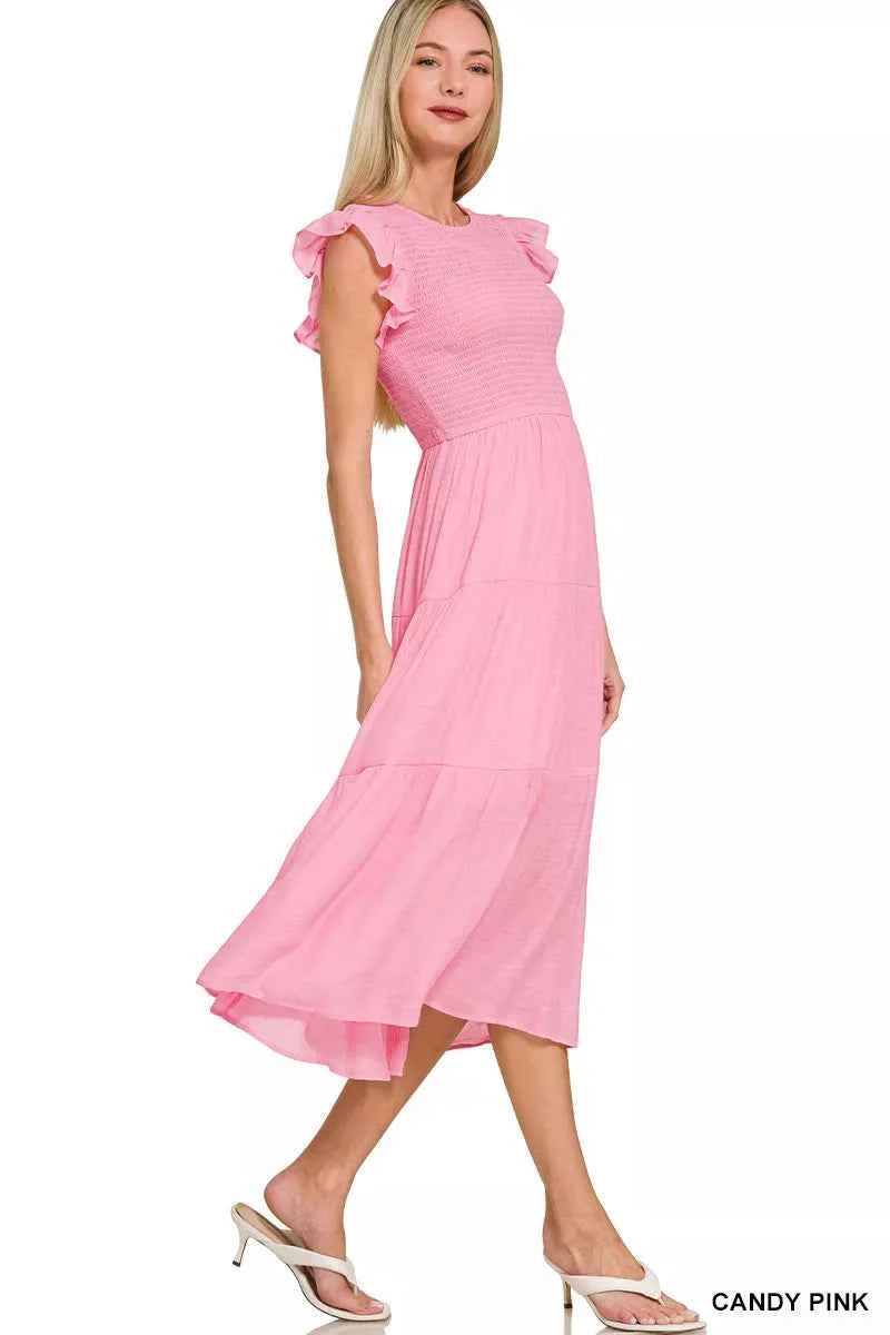 Zenana Woven Smocked Ruffle Sleeve Midi Dress daef9f9ab1764341a8d2d258958ab6e6-Max-Origin